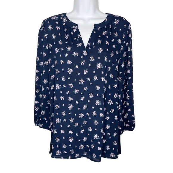Market & Spruce x Stitch Fix Mariene Mixed Material Top Navy Blue Floral Print - Picture 1 of 9